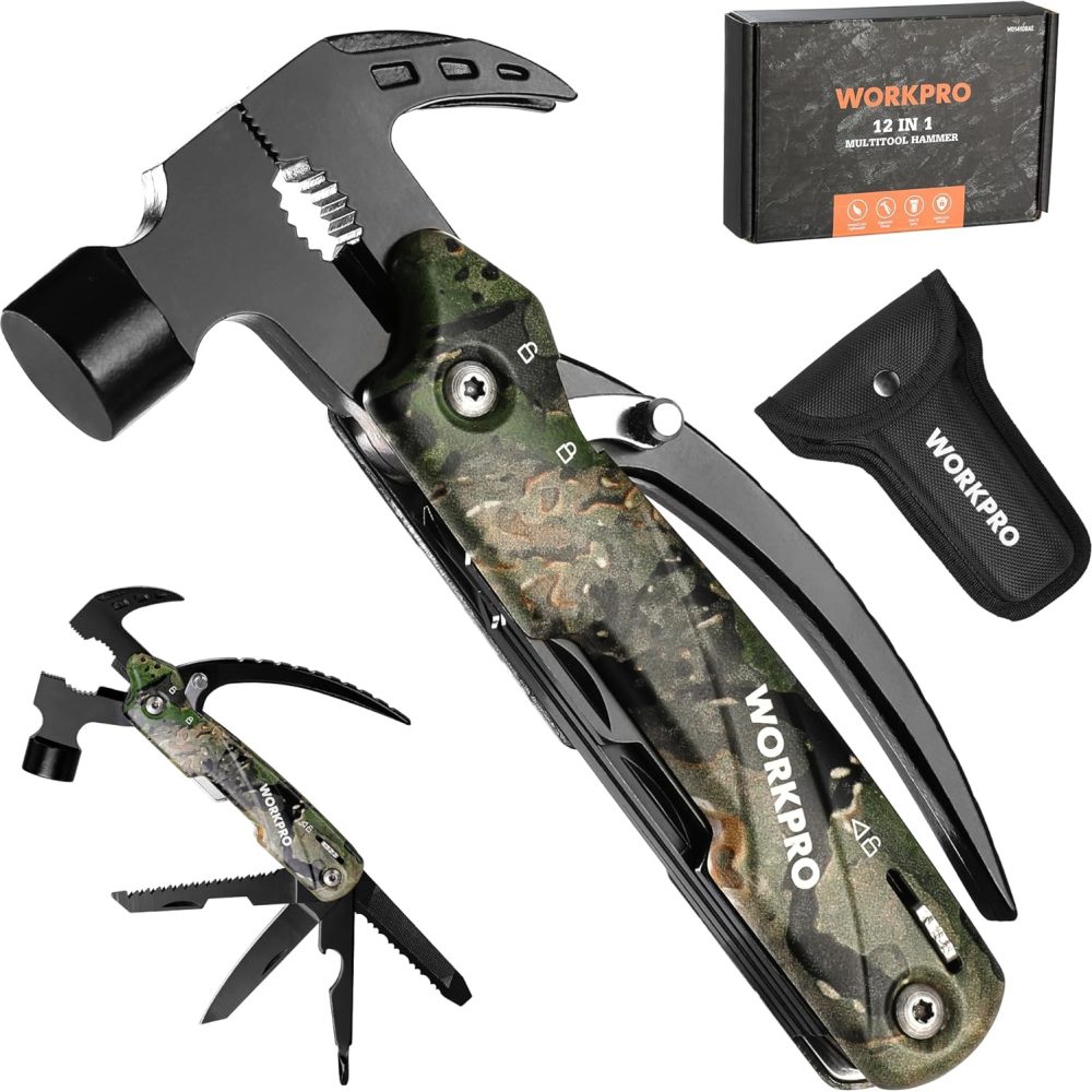 WORKPRO Multitool-12 in 1 Camping Tools with Mini Hammer-EDC Gear Multi Tools Hammer with Safety Lock and Pouch-Mini Multitools Gifts for Men and Women-Camouflage